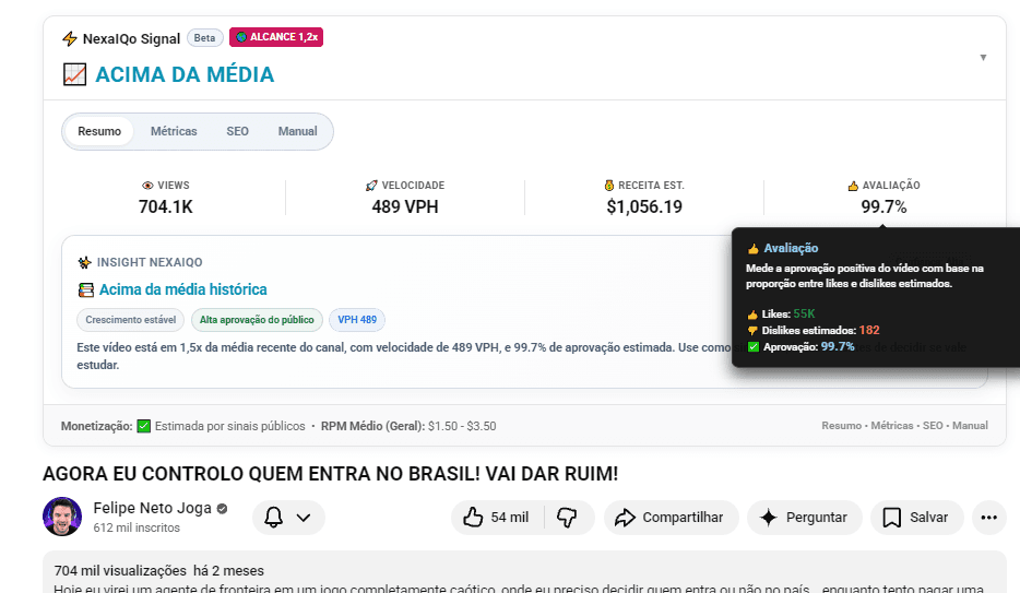 Extensão NexaIQo Signal exibindo análise e tooltip dentro do YouTube